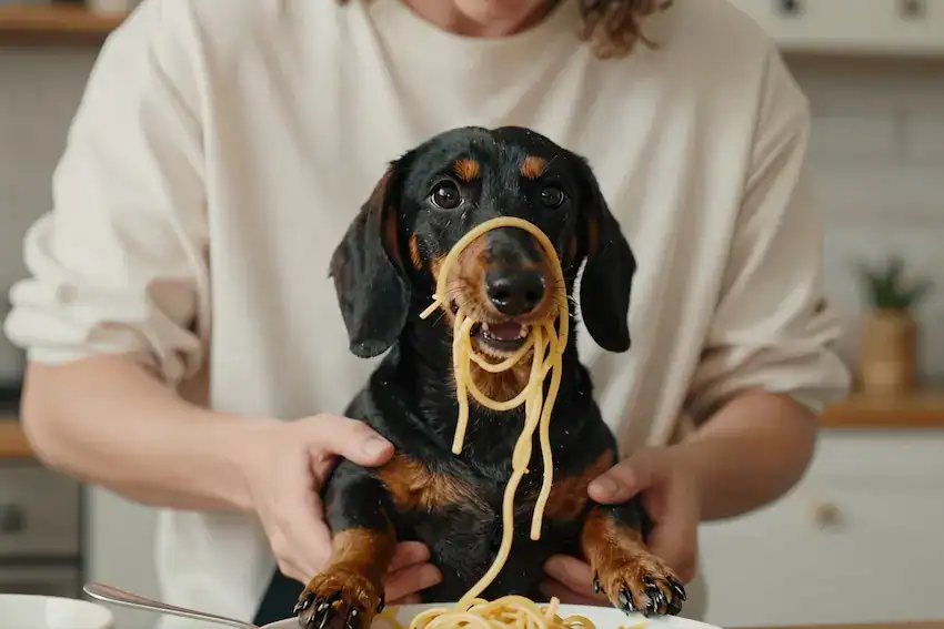 dachshund with spaghetti bright kitchen